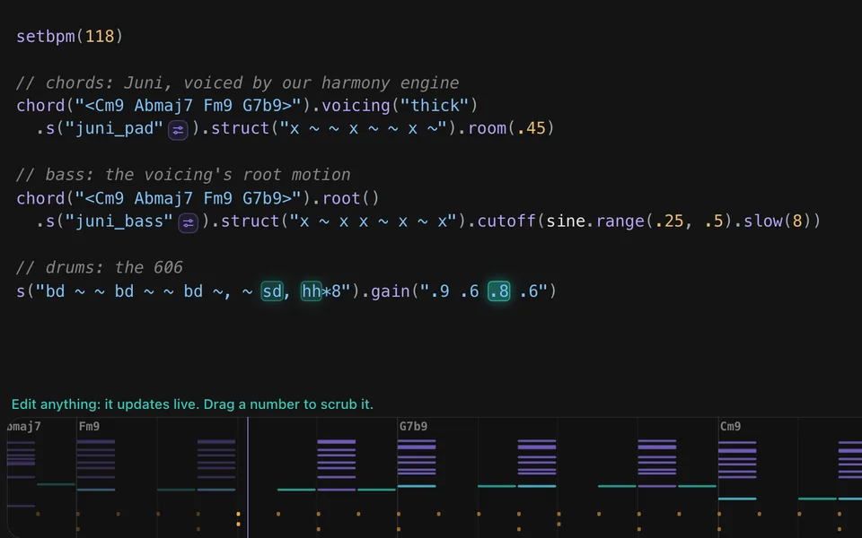 Live-coded pattern with chords, bass and drums on a piano roll